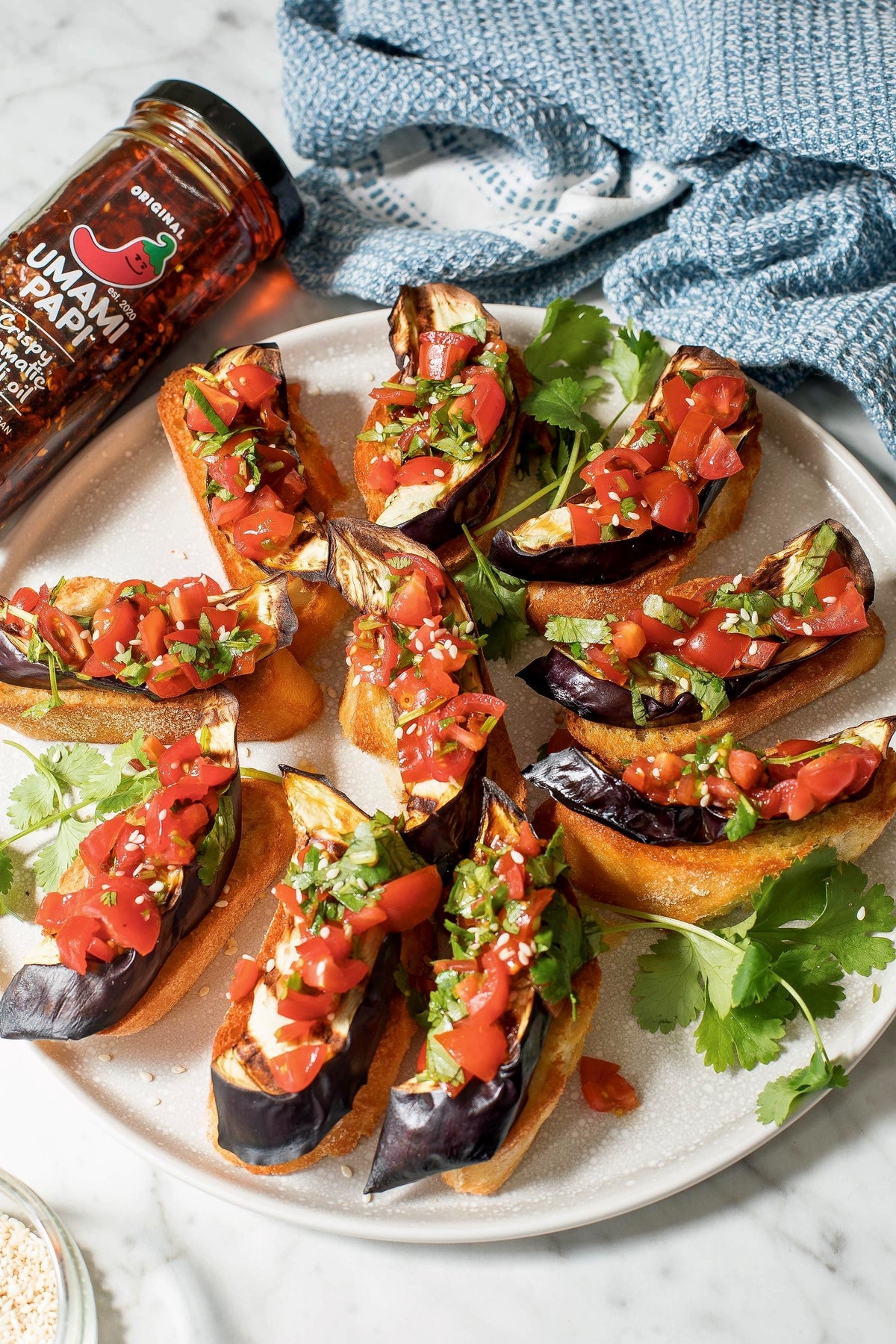 Eggplant Bruschetta with Crispy Chilli Oil
