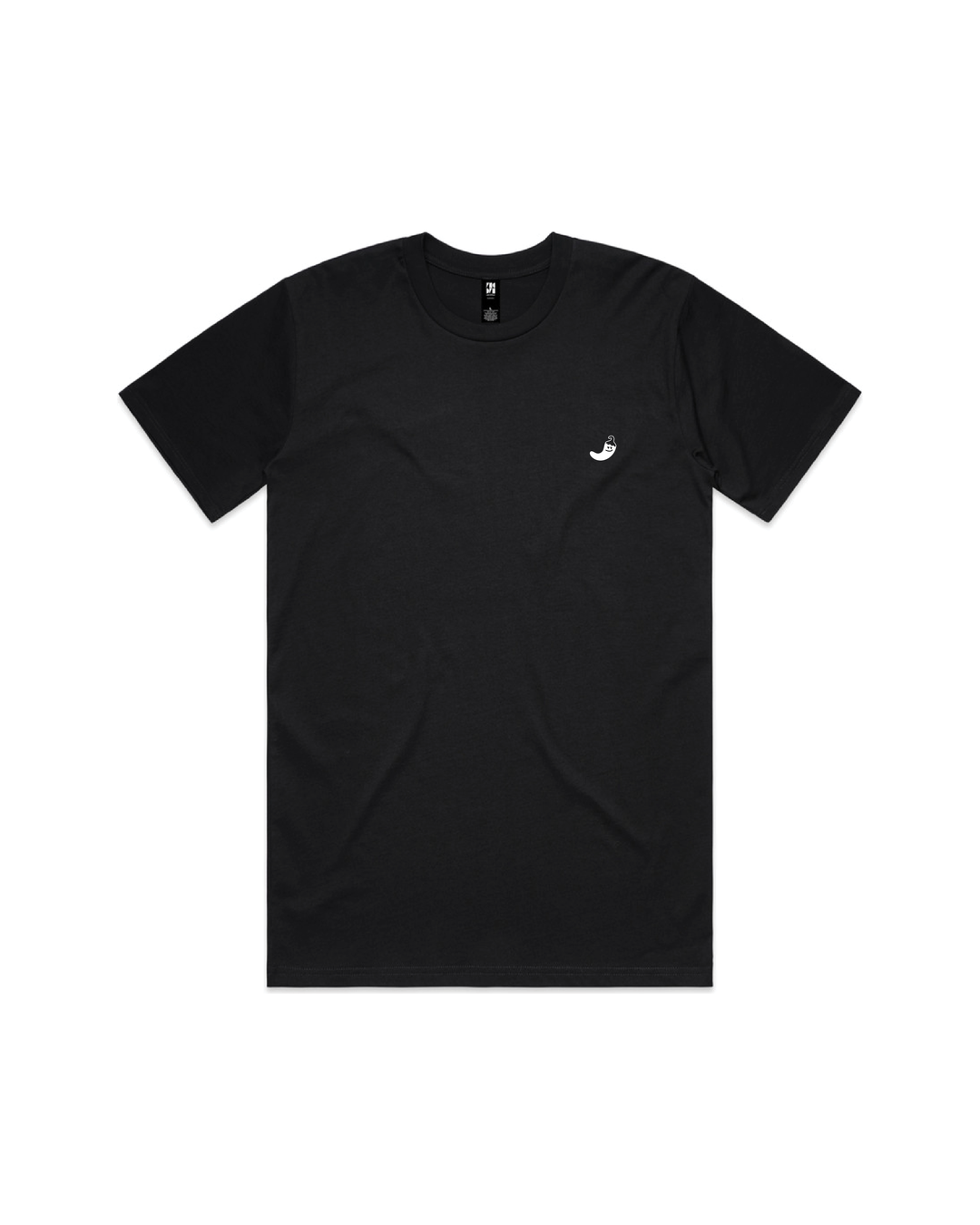 Front of the black Papi Hot Stuff Tee with small white chilli icon
