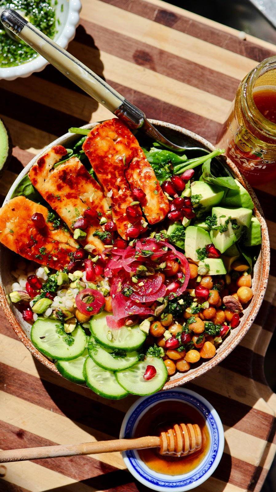 Halloumi & Pearl Couscous Bowls with Hot Honey, Pistachios & Crispy Chickpeas