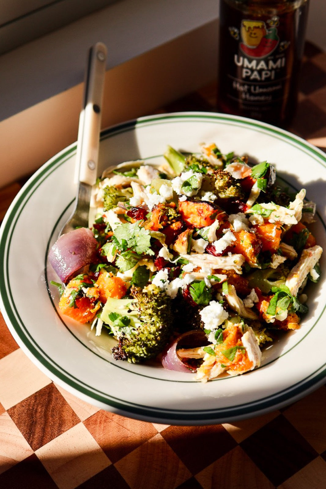 Poached Chicken, Hot Honey Roast Pumpkin & Feta Salad