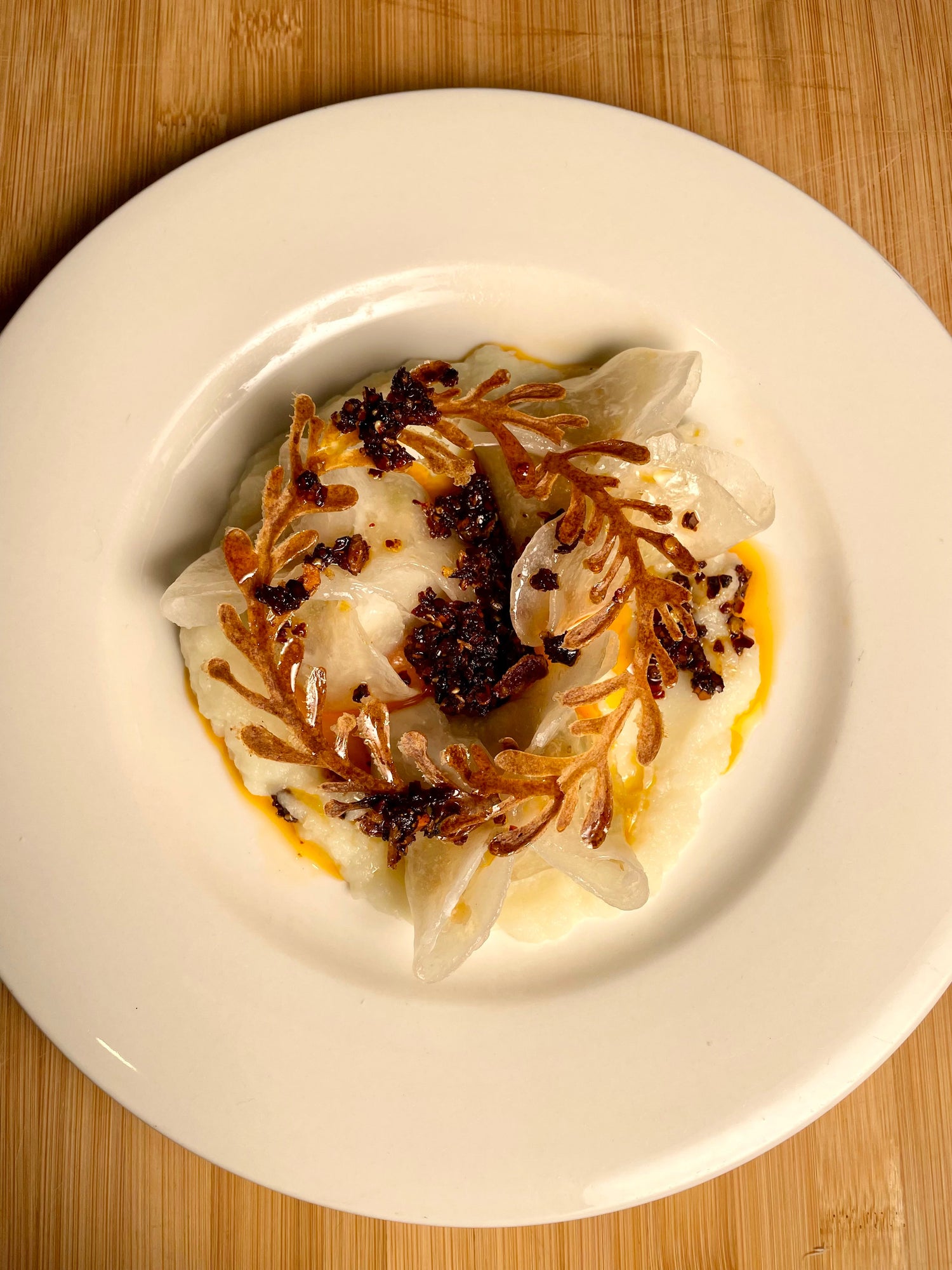 Umami Crystal Prawn Dumplings with Cauliflower Tuile