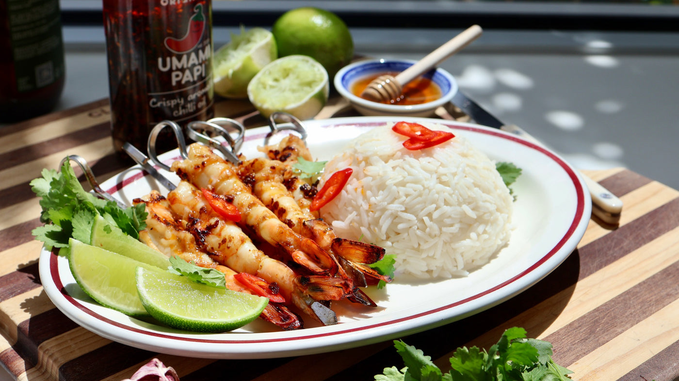 Chilli and lime BBQ prawns with UmamiPapi chilli oil