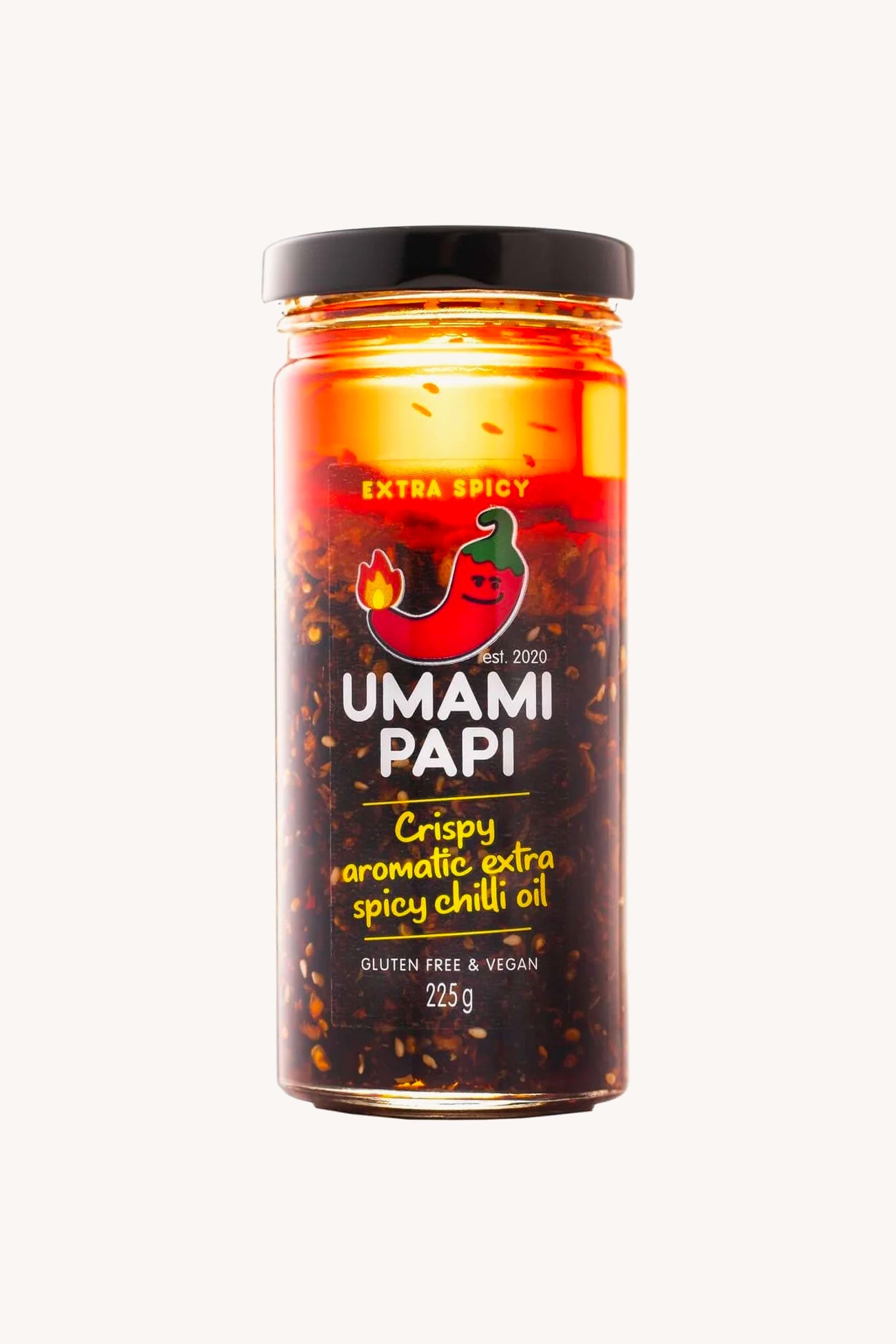 large 250 gram jar of umamipapi extra spicy crispy chilli oil